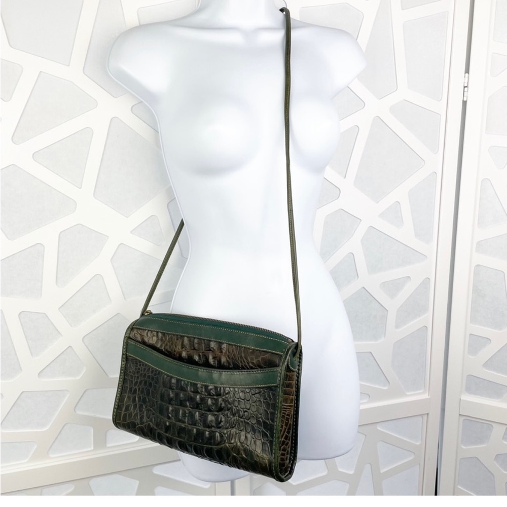 Brahmin Vintage Green Croco Embossed Leather Crossbody Purse Bag